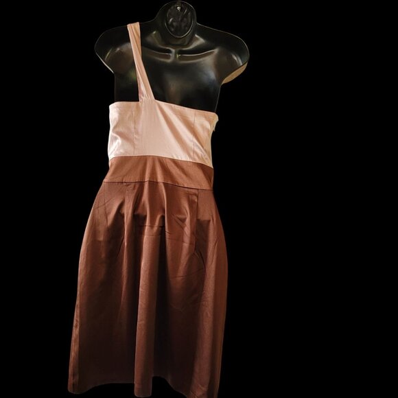 One-Shoulder Satin Midi Dress With Ruched Bodice In Blush Pink & Brown - Picture 6 of 12